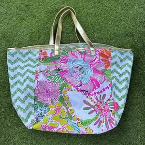 Lilly‎ Pulitzer Target Tote Bag Nosie Posey Floral Large Gold Handles Beach